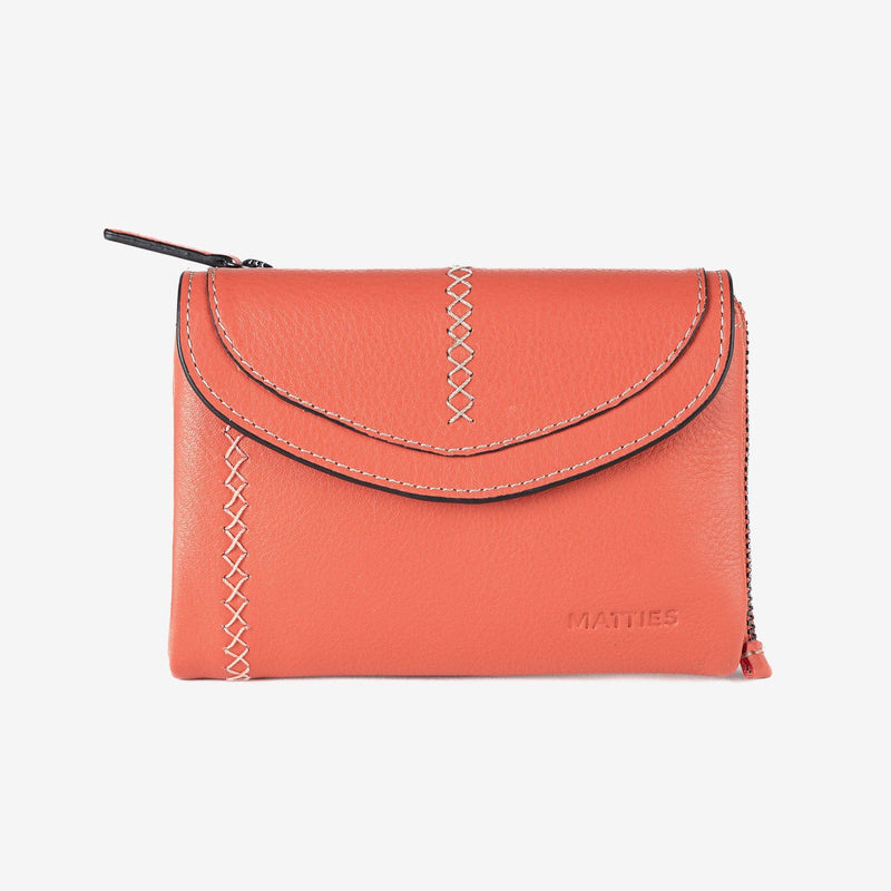 Billetero de piel para mujer, color rosa, Serie stitch leather. 13.5x9.5 cm - Matties Bags