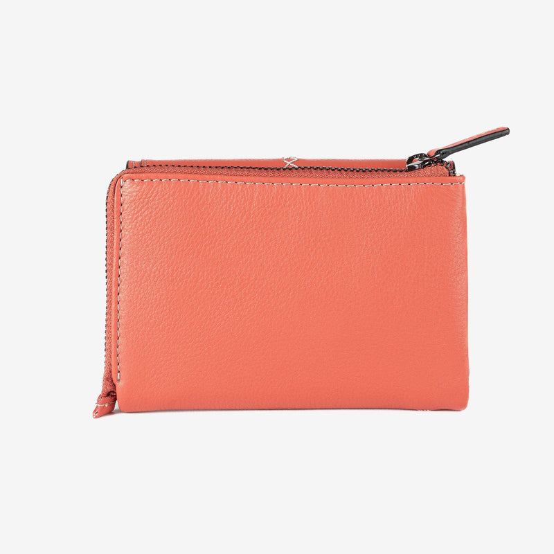 Billetero de piel para mujer, color rosa, Serie stitch leather. 13.5x9.5 cm - Matties Bags