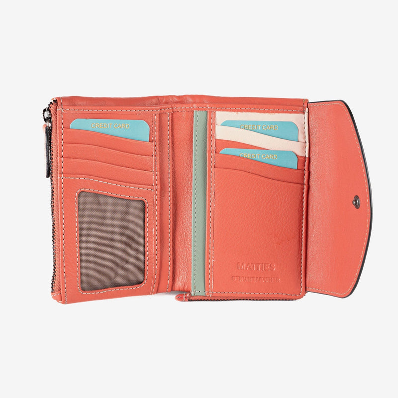 Billetero de piel para mujer, color rosa, Serie stitch leather. 13.5x9.5 cm - Matties Bags