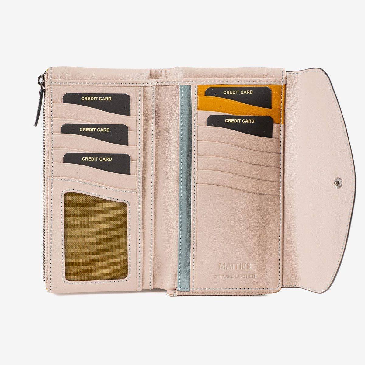 Billetero de piel para mujer, Serie stitch leather. 19x10 cm - Matties Bags
